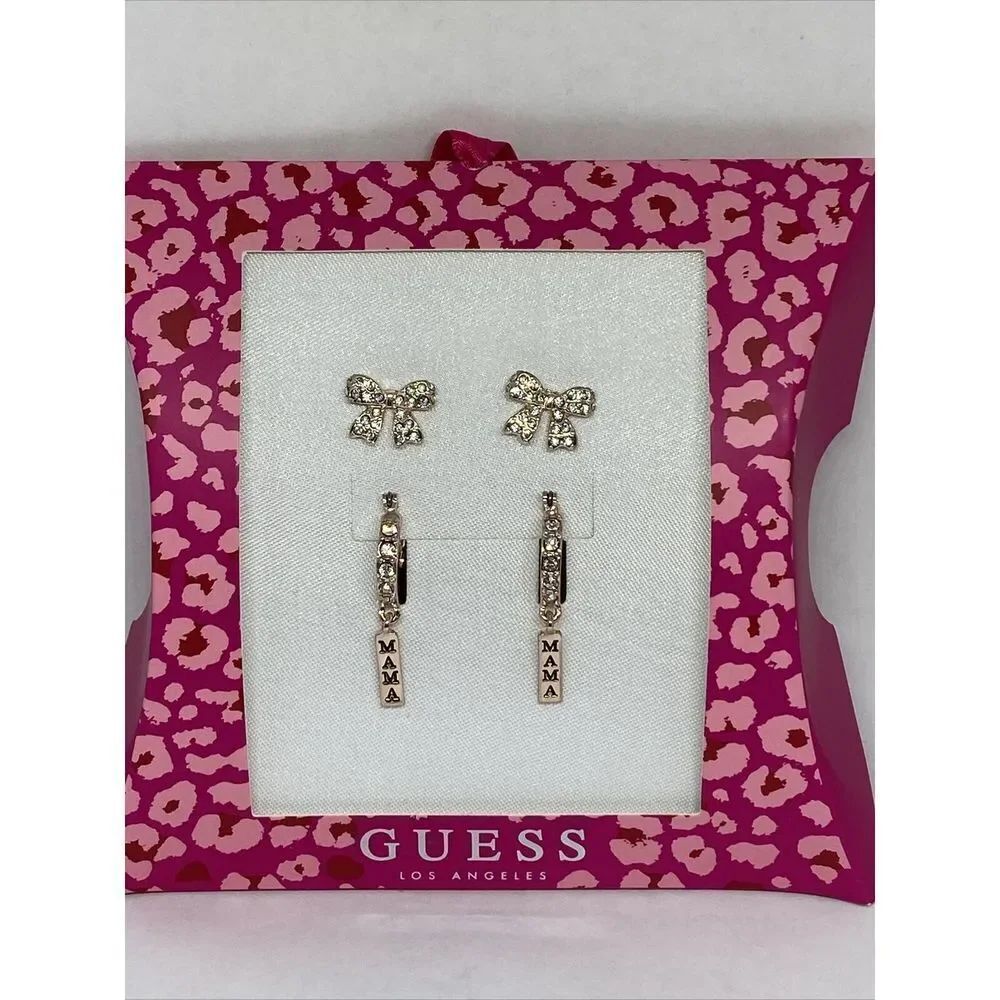 Guess A11906-21 Rose Gold-Tone 2-Pc Set Pave Bow & Mama Earrings MSRP $25 G16